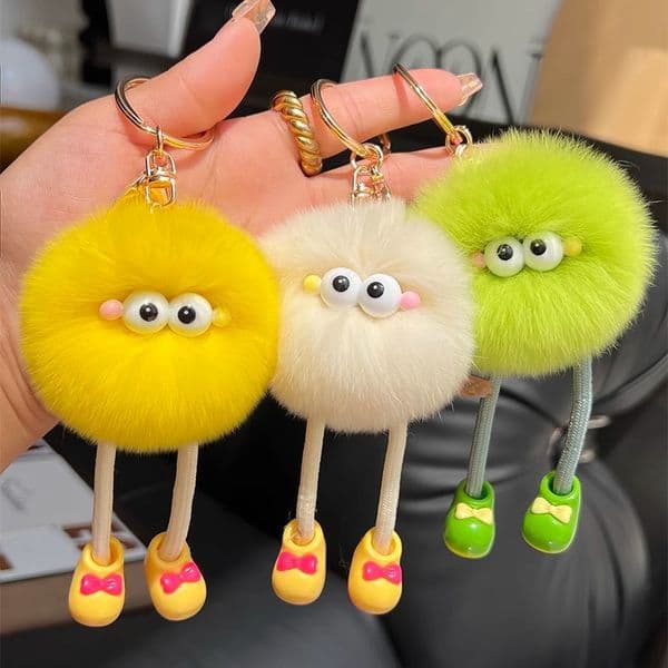 Hot Sale Kawaii Cartoon Keychains Soft Imitation Rex Rabbit Fur Long Leg Small Coal Ball Car Key Ring for Bag Decoration Birthday Gift Bulk Wholesale