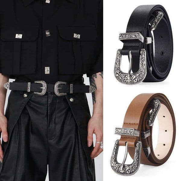 Fashion Cool Double Buckle Waist Belt American Style Wide Carved Buckle Belt Khaki Hip-Hop PU Vintage Waistband Couple Chunjinqiuli