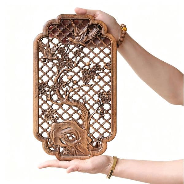 Chinese Classical Hollow Crafts Camphor Wood Carving Hanging Background Wall Home Decoration Height 35cm