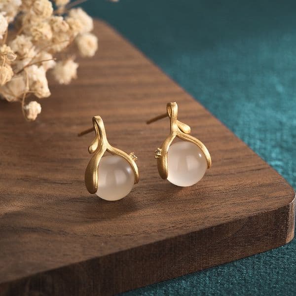 Palace Style 925 Silver Needle Agate Chalcedony Sprout Stud Earrings Chinese Vintage Hanfu Earrings