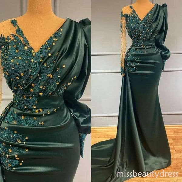 Dark Green V Neck Evening Dresses Party Wear Satin Crystal Long Sleeves Mermaid Prom Dress Custom Made Women Formal Gowns ZD10