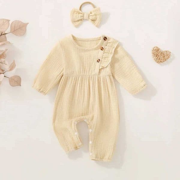 Neutral Spring Autumn Baby Romper Pure Beige Long Sleeve Suit for Crawling Infants And Toddlers Comfortable All-in-One Clothing Z260328