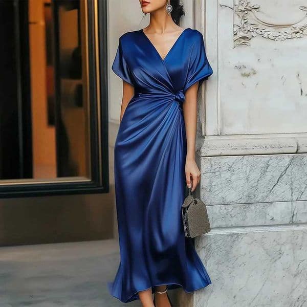Womens 2026 Summer Blue Satin Dress Asymmetric Twist Waist Flared Sleeve Folds Elegant Evening Party Midi Dresses 183869T260328