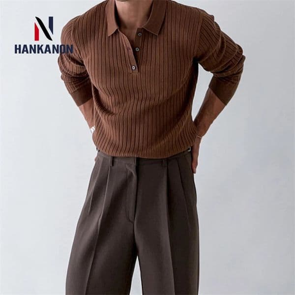 Striped Polo Shirt for Business and Casual Occasionsmen Breathable Stretchy Slim Knitted Pullover Long-sleeve Sweater 260327BJ