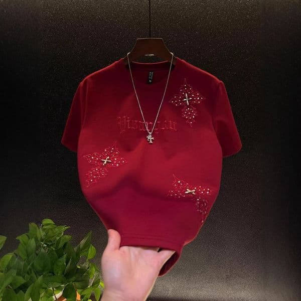 2026 Designer Luxury Spring New Embroidered Rhinestone Men's Short Sleeve Shirt, Light Luxury Fashion Trend, Round Neck, Versatile, Loose Fit, Basic Half Sleeve