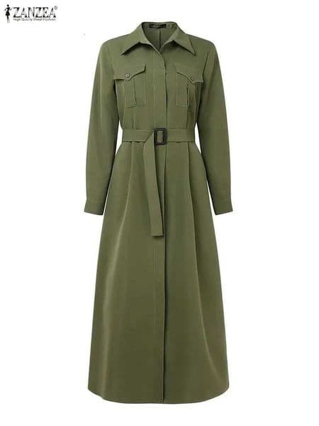 Women Autumn 2025 Cargo Maxi Long Dresses Casual Long Sleeve Pockets Belted Collared Shirt Dress ZANZEA Commuting Workwear S-3XLT260328
