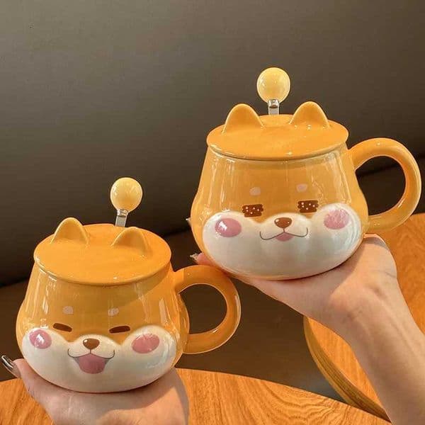 Cute Shiba Inu Coffee Mug Cartoon Animal Ceramic Milk Mug Creative Ceramic Mug with Lid and Spoon Kitchen Drinking UtensilsT260328