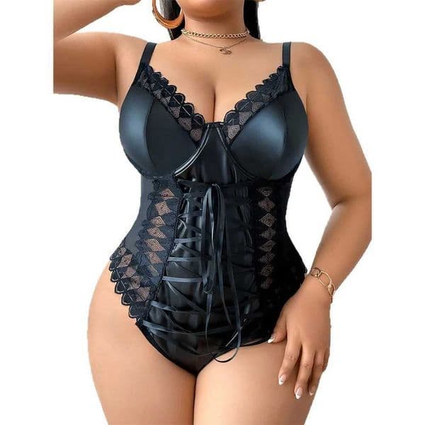 Womens Plus Size PU Leather Lace Patchwork Bodysuit Strap Clubwear Exotic Fetish Bdsm Nightwear Hot Sensual Sexy Jumpsuit XXX S26327