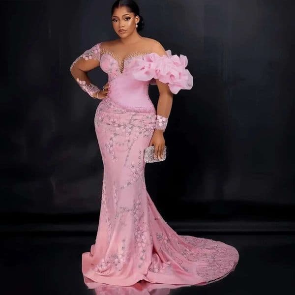 Pink Mermaid Evening Dress Flower Embroidery Long Sleeve Ball Gown for Womens Birthday Party - Customizable Luxury Formal Wear