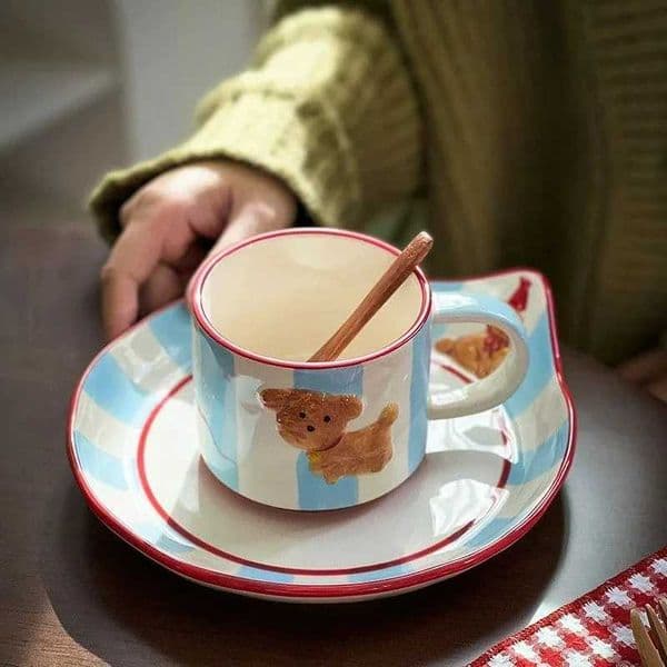 Creative Cute Hand-painted Puppy Ceramic Cup Coffee Cups Household Afternoon Tea Mug Saucer Set Kitchen SuppliesT260328
