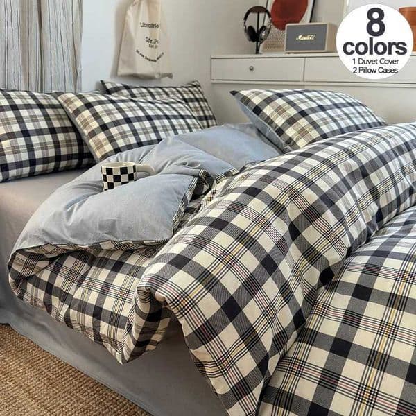 100 Cotton Plaid Style Duvet Cover Set with 2 Pillowcases - Soft Breathable Bedding Set Hypoallergenic Easy Care H260403