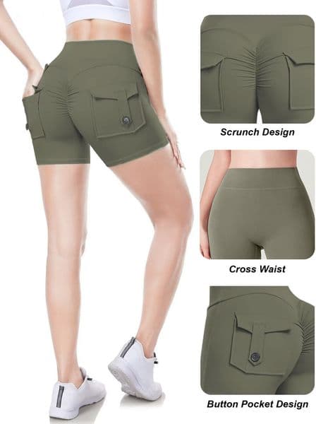 Women's Slim Fit Cargo Sports Shorts, Summer Yoga Shorts, Outdoor 3-Inch Butt-Lifting Pocketed Tight Shorts