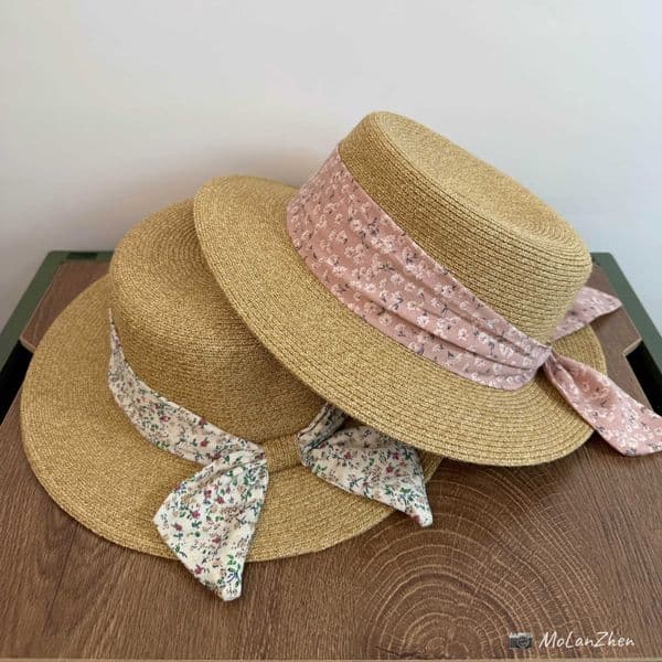 Small Floral Bowknot for Women, Summer Pastoral Style Flat Top Straw Hat, Face Slimming Outdoor Sun Protection Hat