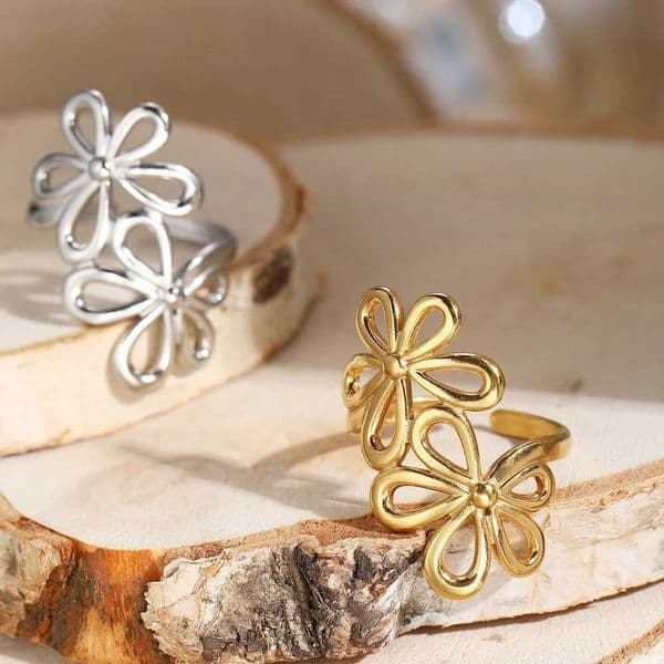 DGIDDK Stainless Steel Double Flower Womens Ring Vintage Flower Opening Adjustable Ring Fashion Wedding Party Jewelry Gifts H260328