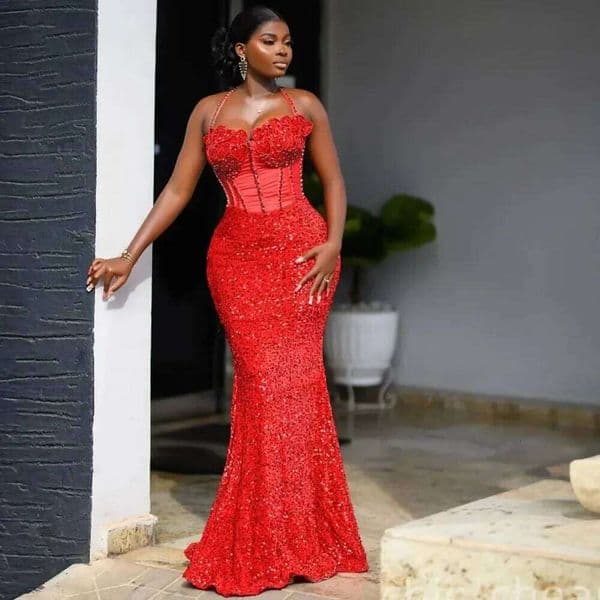 Prom Dresses African Sexy Strap Mermaid Evening Sweetheart Shining Birthday Party Red Glitter Ball Dress Customization Youmaigowns