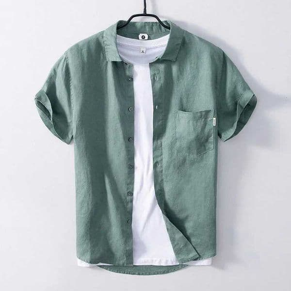 Short Slved Shirt for Men Summer New 100 Pure Linen Tops Male Casual Turn-down Collar Clothing Solid Color Pocket Decoration L260328