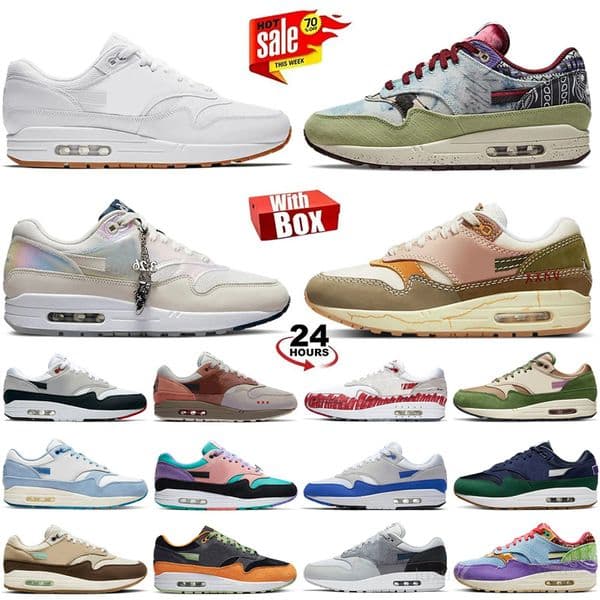 Desianer 1s OG One 1 Running Shoes Top Men Women 87 Sneakers Big Head Origins chlorophyl Patta Black White Barogue Brown Cushion Dust Wolf Grey Tennis Sports Trainers