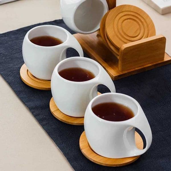 Simple White Ceramic Coffee Cup Saucer Set Bamboo Wood Stand Afternoon Tea Coffee Tea Cup Delicate 190ml Home Mug Family GiftT260328
