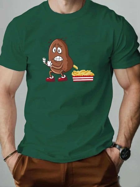 Summer Adult Mens Potato-cut Fries Patterned Print Casual Round-neck Short-sved T-shirt for Outdoor Sports and Daily Wear S26328