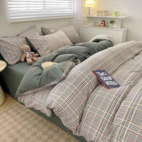 Nordic Plaid Pattern Wash Cotton Bedding Set Duvet Cover Pillowcase Bed Sheet Set Comforter Cover Bed Linens Set Queen King Size H260403