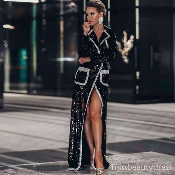 Modest Black Sequins Jacket Style Evening Dresses Double-Breasted Long Coat Prom Gowns Front Split Windbreake for Womens Special Occasion Dress ZD10