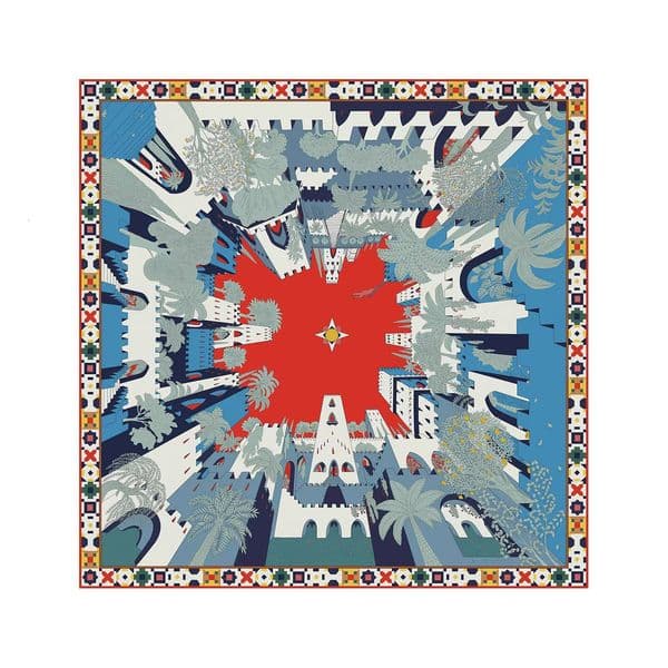26ss H Designer Silk 18mm 90 twill square scarf with Four Winds Palace pattern, double-sided printed heavy mulberry silk New women's travel beach four-season