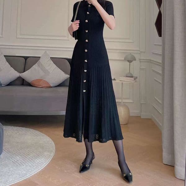 2026 summer French niche hollow A2 slit long knitted women's black small skirt with buttons and folding collar