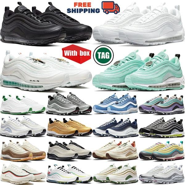 Free Shipping with box 97 97s Designer Running Shoes Jesus Satan Futura Triple Black White Bred Sail Aurora Green Gym Red Men Women trainers Sports outdoor Sneakers