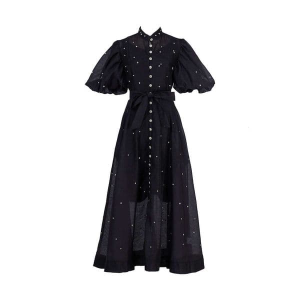 Designer's fashionable vacation palace style fairy heavy pearl short sleeved long sleeved A3 single breasted dress