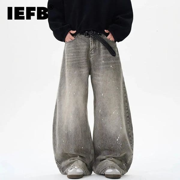 IEFB Vintage Mens Jeans Splash-ink Washing Contrast Color Casual Wide Leg Trendy Denim Trousers Straight Machete Pants 9W2272 260326