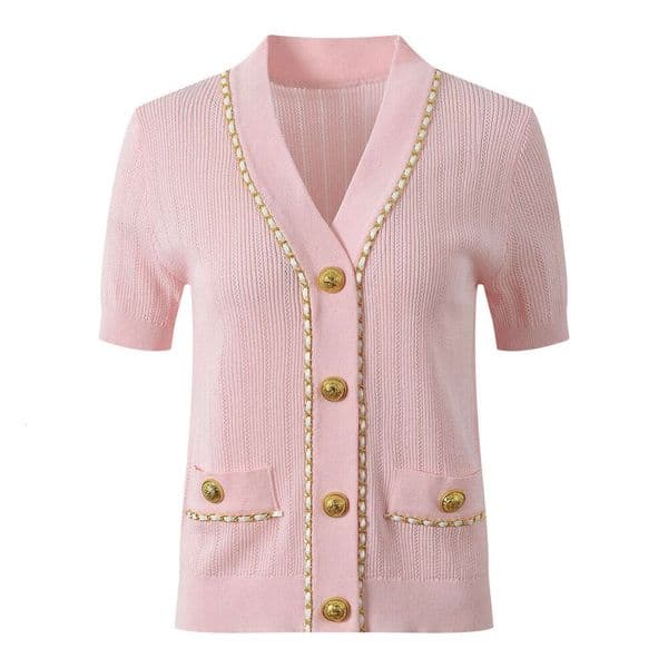 2026 spring new designer French elegant cardigan with chain details, slim fit short FC sleeved A5 V-neck knit