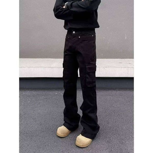 American style Vibe retro heavy industry multi pocket splicing workwear jeans men's straight tube micro flared slim fit long pan S260327