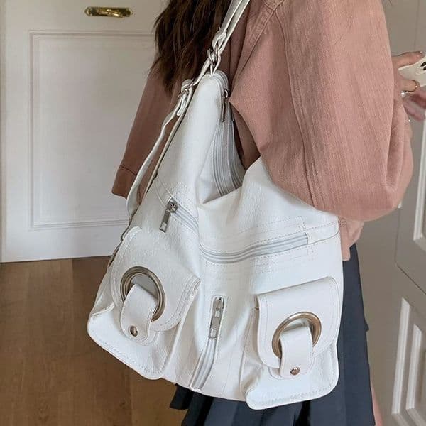 Korean Style Simple Personality Versatile Fashionable Zipper Pocket PU Leather Tote Bag Shoulder Bag Commuter Large Capacity Backpack