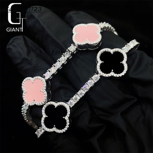 New Arrivals 925 Sterling Silver Iced Out Hip Hop Jewelry 3mm Moissanite Diamond Clover Tennis Chain Bracelet