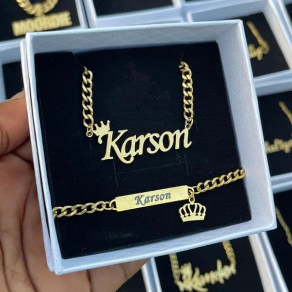 Custom Crown Name Necklace Bracelet Women Men Jewelry Set Stainless Steel Gold Color Heart Charm Boy Girl Accessories Gifts 260324