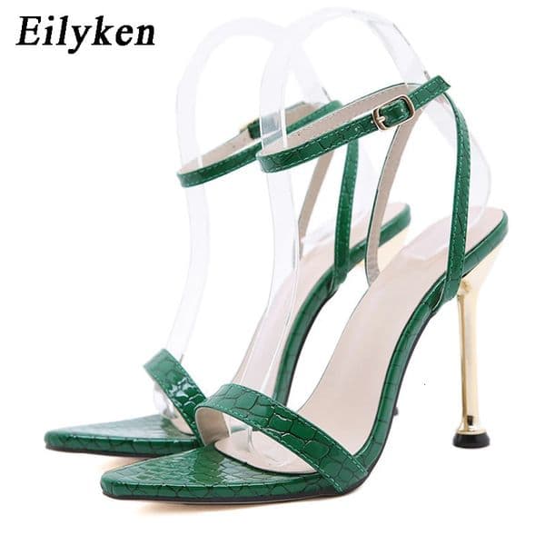 Eilyken Summer Fashion Buckle Ankle Strap Sandals Women Sexy Snake Print Pointed Toe Thin High Heels Party Ladies Shoes 260325