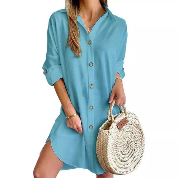 Solid Color Button Front Shirt Dress Casual Long Sleeve Lapel Dress For Spring Fall Womens Clothing 260323