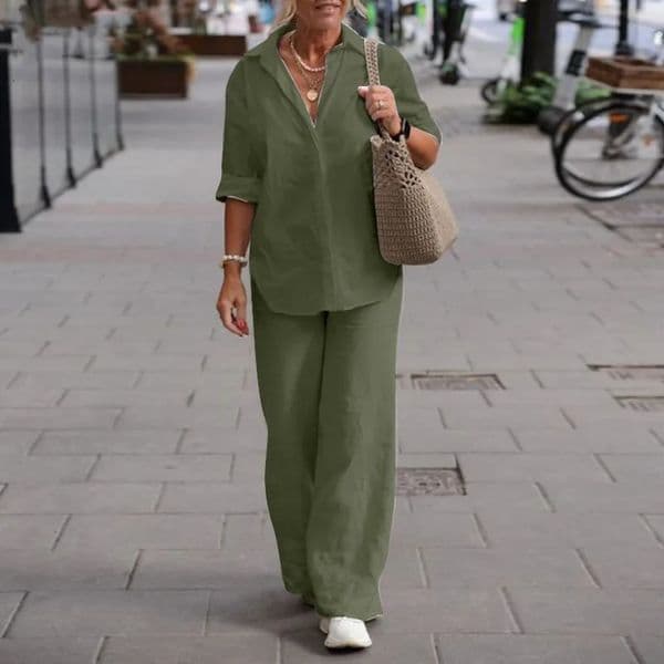 Womens Suit Plus Size Casual Linen Lapel Long-sleeved Shirt Suit Summer Solid Color Trousers Wide-leg Pants Two-piece Set 260323
