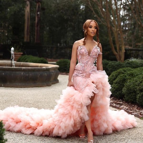 Tier Ruffles Pink Mermaid Prom Dresses For Black Girls New Sweetheart Beaded Lace Tulle Evening Gowns custom Made Robe de bal BC21025