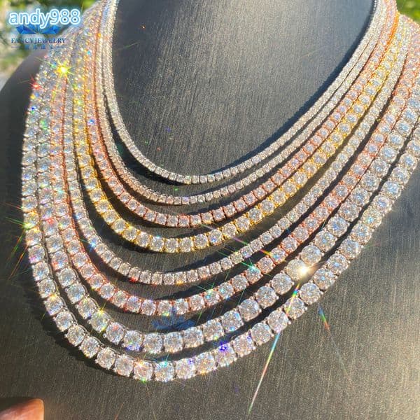 925 Sterling Silver Hiphop Necklace Fashion Jewelry Round Cut D VVS Moissanite Tennis Chain Gold Plated Link Chain