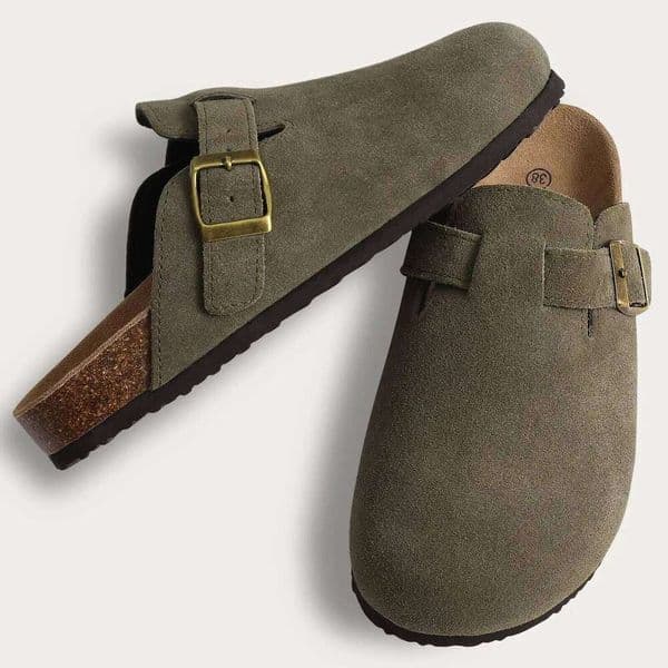 Evshine Cow Suede Women Fashion Clogs Footbed Men Baotou Slippers Summer Cork Sandals Comfy Mules