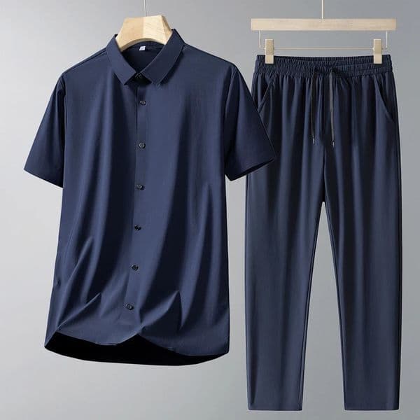 Men Short Sleeve Shirt Casual Sport Outfit For Middle Aged Dad Bamboo Fiber Polo Shirt And Pants Two Piece Set 260327BJ