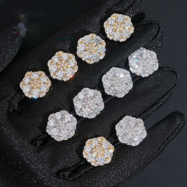 Hip Hop 925 Sterling Silver Men Women Cluster Earrings Iced Out Flower Moissanite Stud Earrings USA Warehouse Fast Delivery