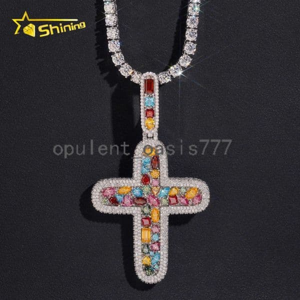 Fine Jewelry Hip Hop Jewelry Iced Out Mens Colorful 925 Sterling Silver Cross Moissanite Pendant