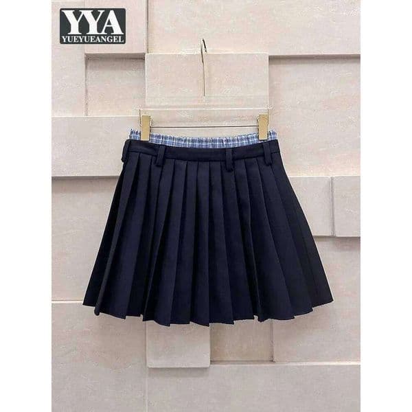 Chic Womens Summer New College Style Spliced Double Waisted Pleated Skirt Above Knee Mini Fashion Straight-Leg Fold Short Skirts 26W0330