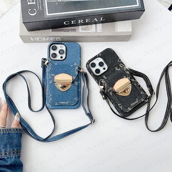 Luxury Denim Jeans Cloth Phone Case for iPhone 17 Pro Max 16 15 14 13 12 Pro Max Credit Card Pocket Storage Shell iPhone16 Shoulder Strap 15pro Designer Flower Lock Cover