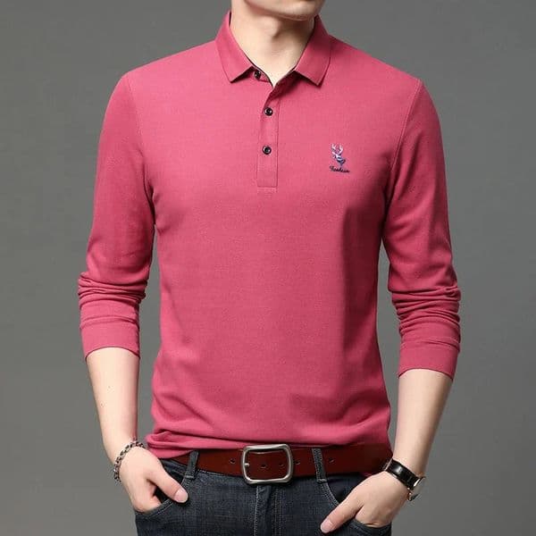 Mens Casual Embroidery Long Sleeve Polo Shirt Fashion Solid Color Top 260325