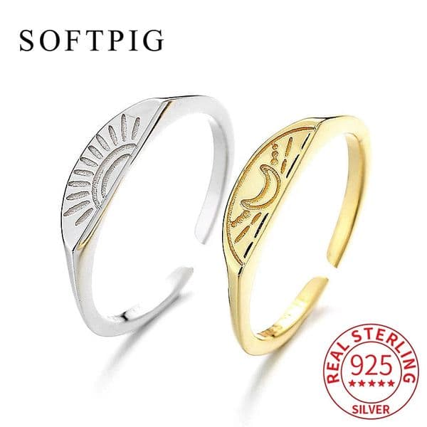 SOFTPIG Real 925 Sterling Silver INS Style Couple Adjustable Ring For Women Cute Fine Jewelry Minimalist Moon Sun Accessories 260324