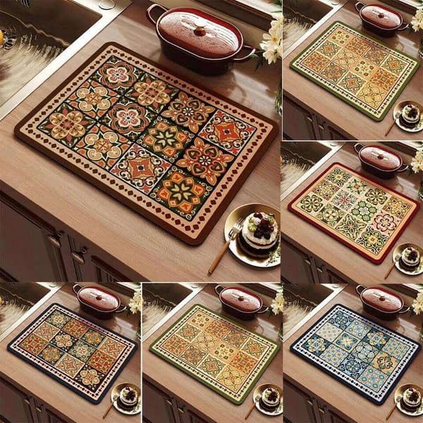 Vintage Floral Printed Diatomaceous Earth Kitchen Counter Drying Mat Absorbent Waterproof Non-Slip Wash-Free Heat-Resistant 26Y0330