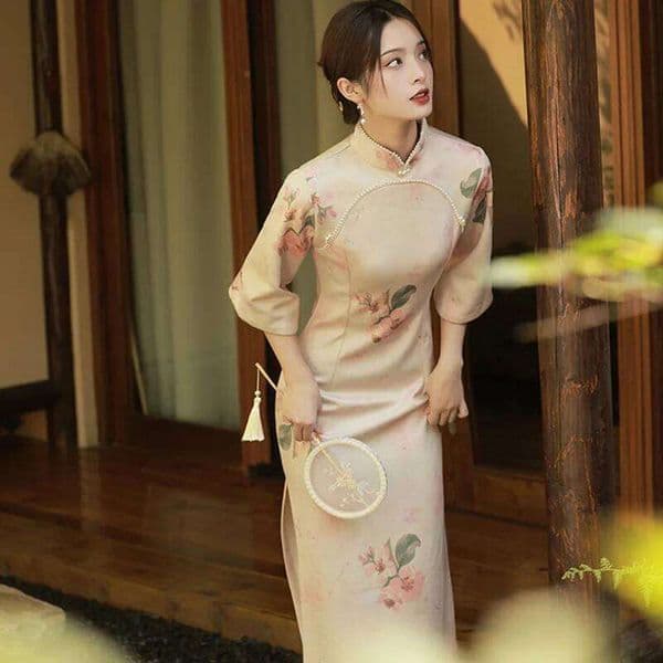 Pink Cheongsam Women2022 New Improved Qipao Spring Vintage Style Suede Young Girl 3/4 Sleeve Long Dresses MAKOUFEI